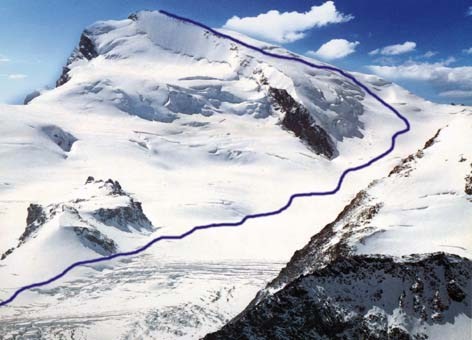 Ascent Route for Strahlhorn ( 4190 metres ) in the Zermatt Region of the Swiss Alps