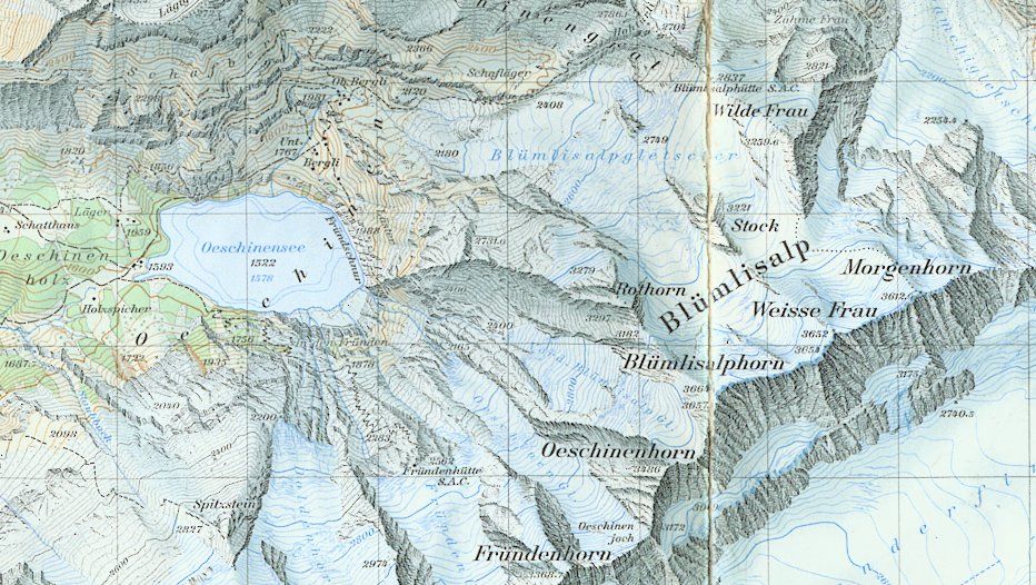 Map of Oeschinensee in the Bernese Oberlands of the Swiss Alps