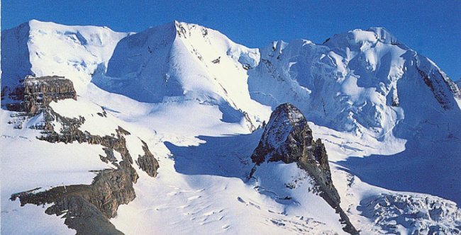 Morganhorn, Weisse Frau and Blumlisalphorn in the Bernese Oberlands of the Swiss Alps