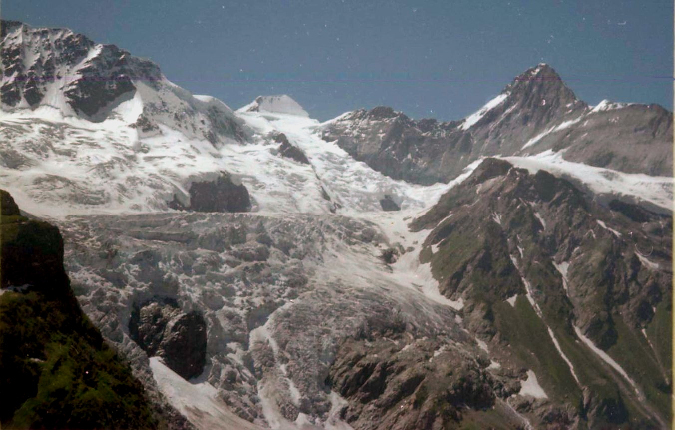 Monch and Eiger above Grindelwald Glacier on ascent of Schreckhorn