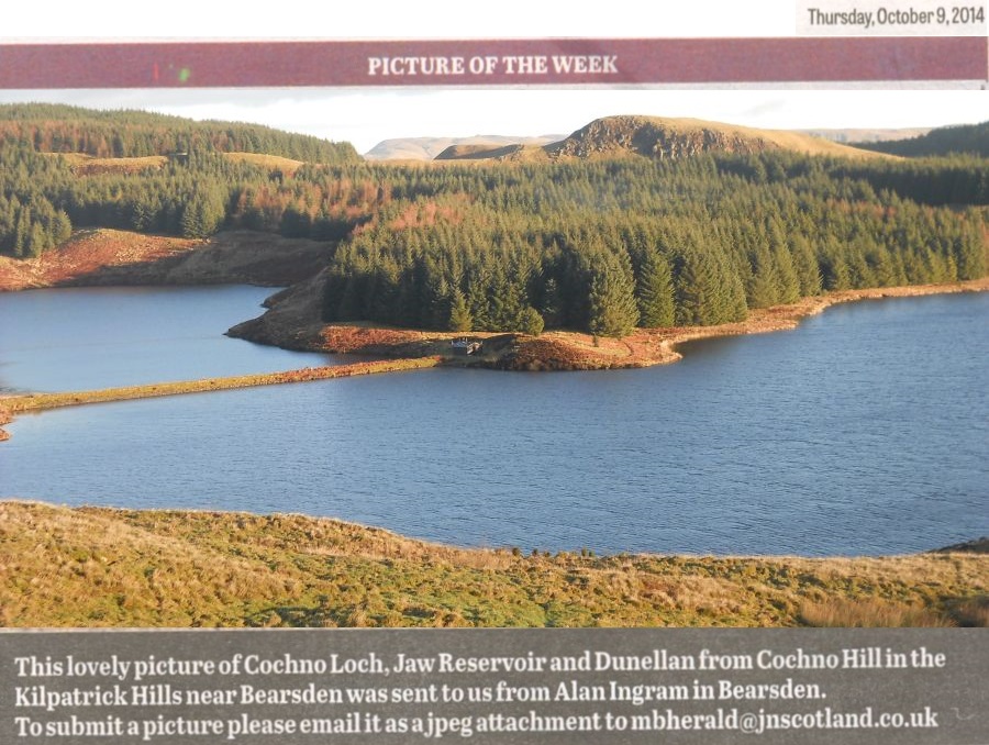 View from Cochno Hill of Cochno Loch, Jaw Reservoir and Dunellan ( Jesus' Thimble ) in the Kilpatrick Hills